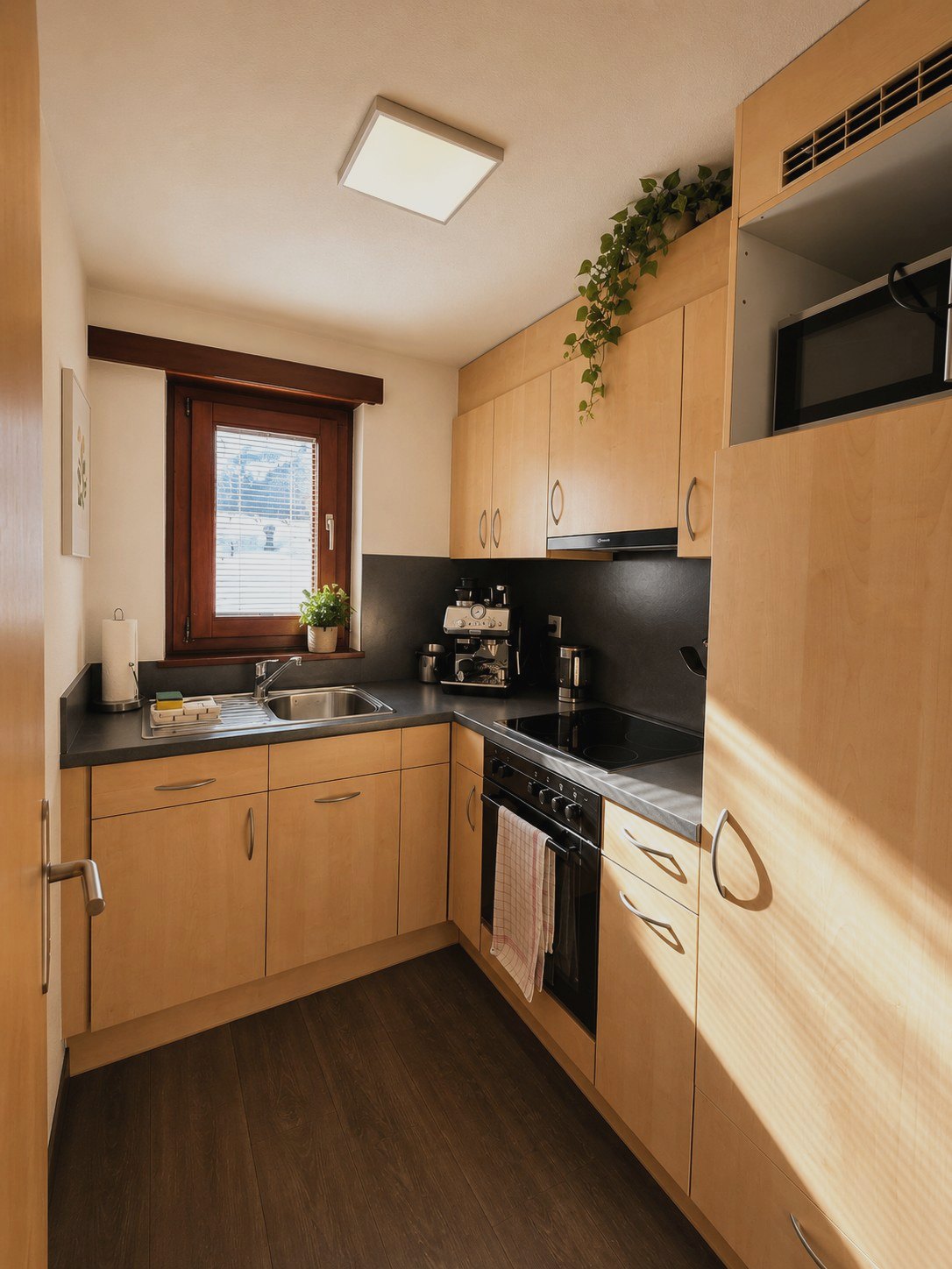 Küche in Auri mit hellem Holz, Espressomaschine und Fenster mit Blick ins Dorf