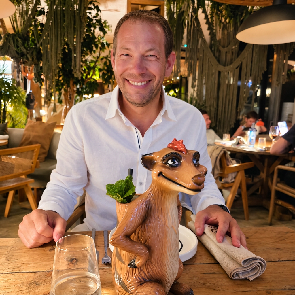 Adrian Glatz, Gastgeber von schoenerwohnen.blog, lächelt an einem Holztisch